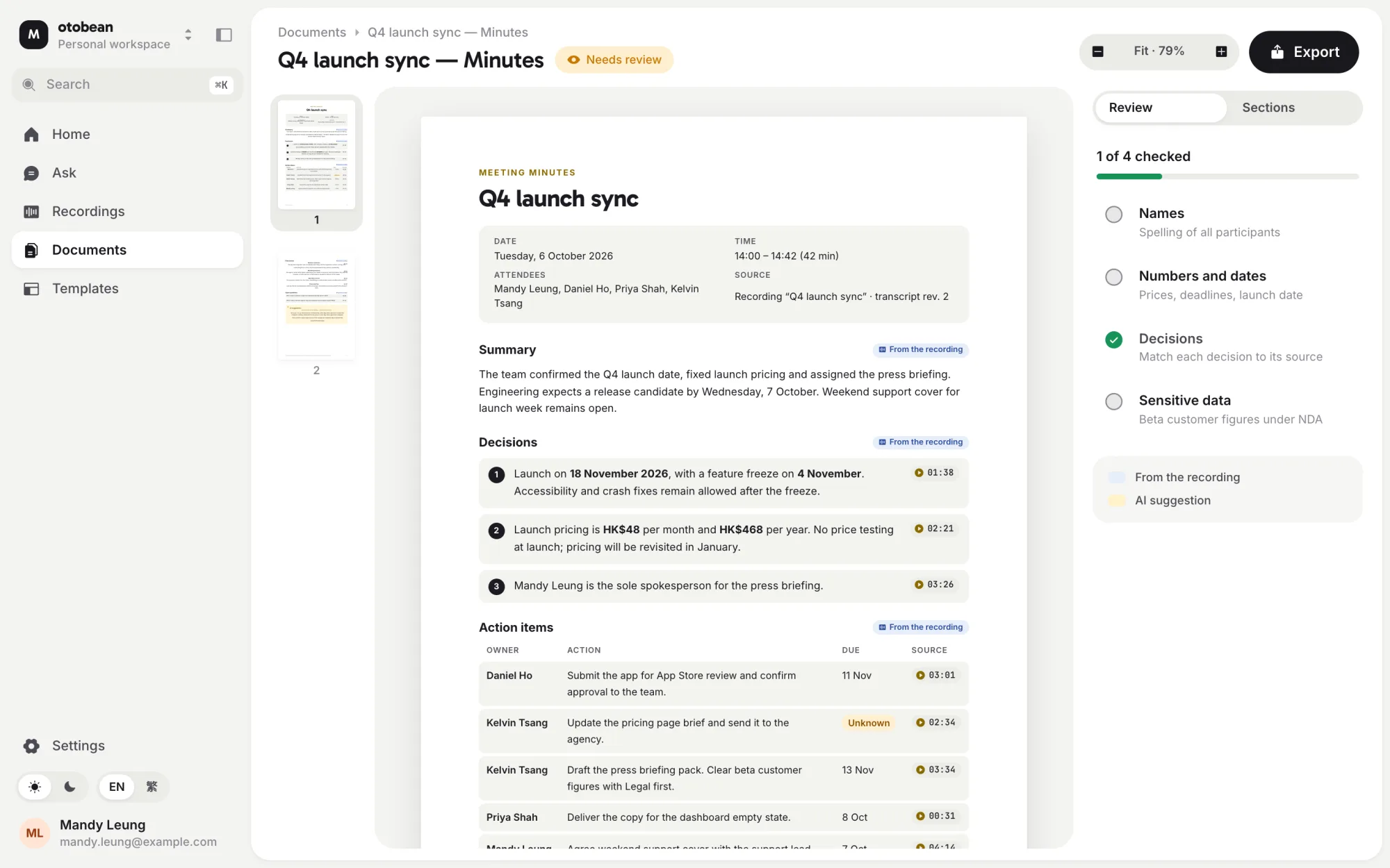 otobean A4 meeting minutes with review checklist