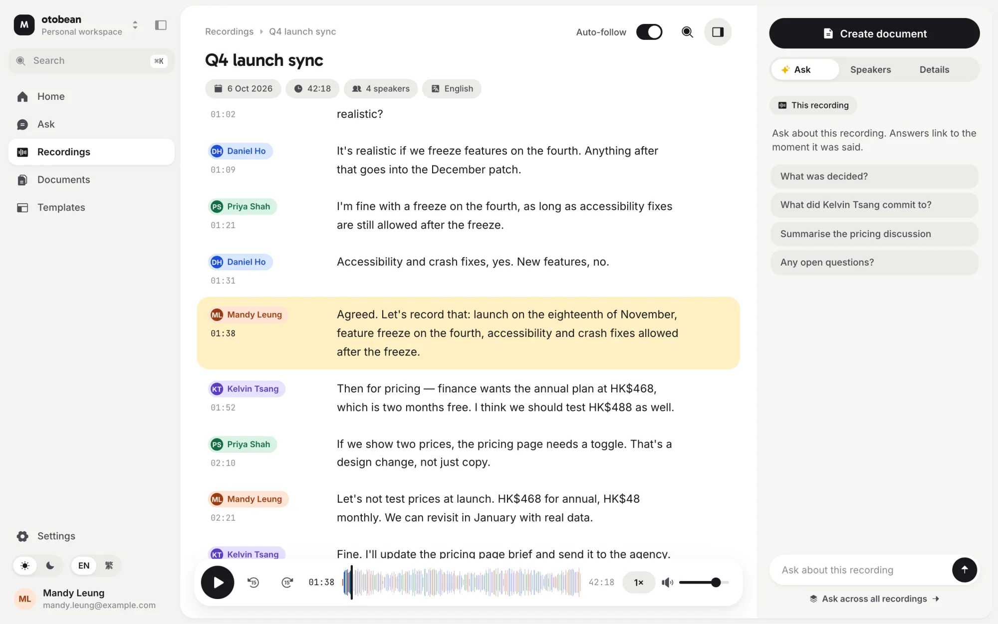 otobean transcript view with speaker labels and audio player