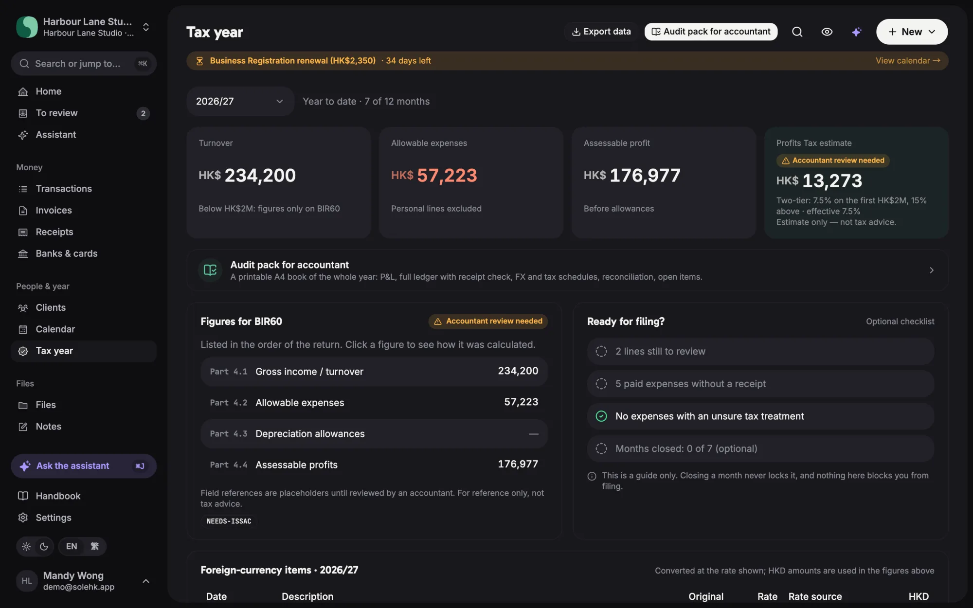 Tax year: turnover, expenses, assessable profit and BIR60 figures
